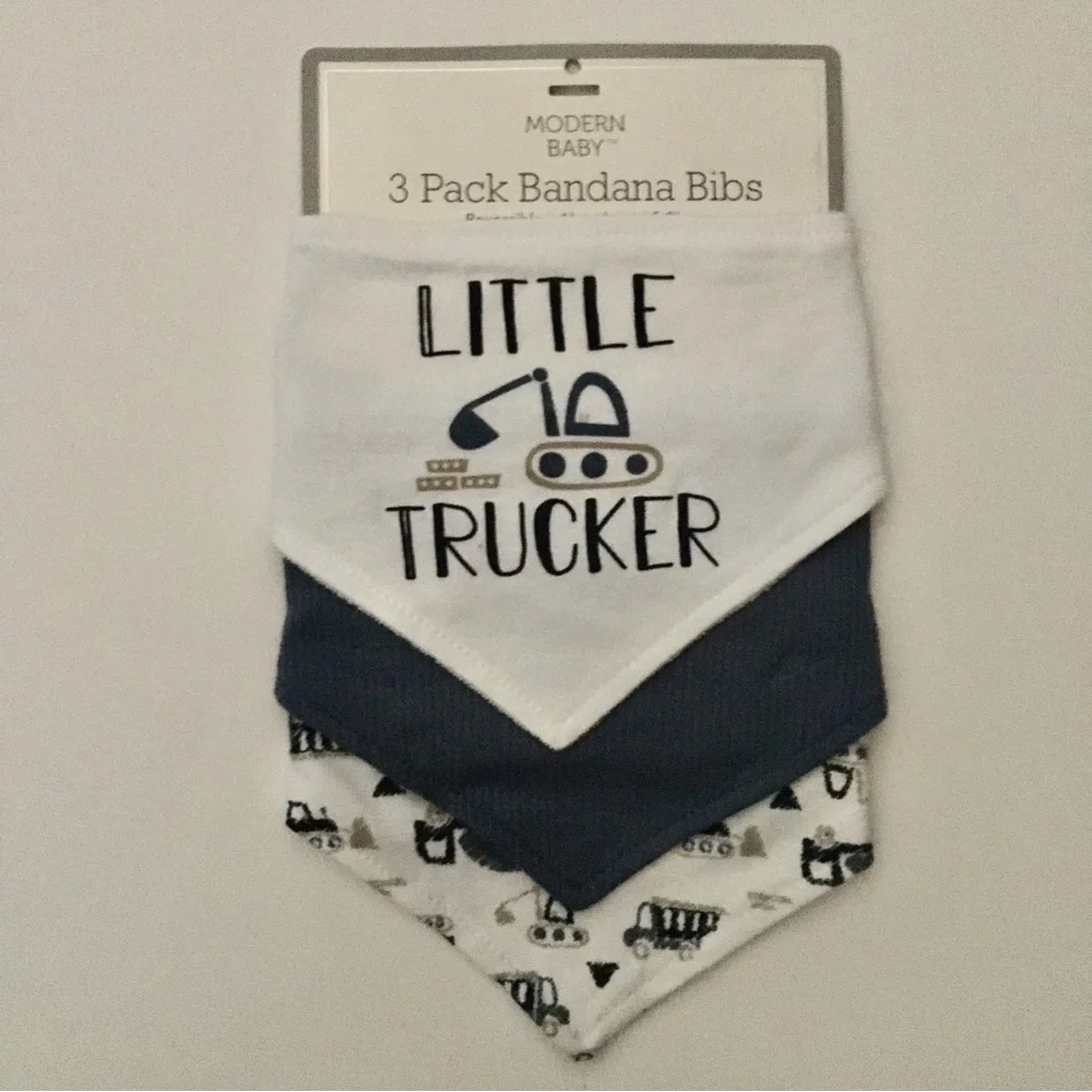 NEW 3 Bandana Bib Set Blue “Little Trucker” | Modern Baby